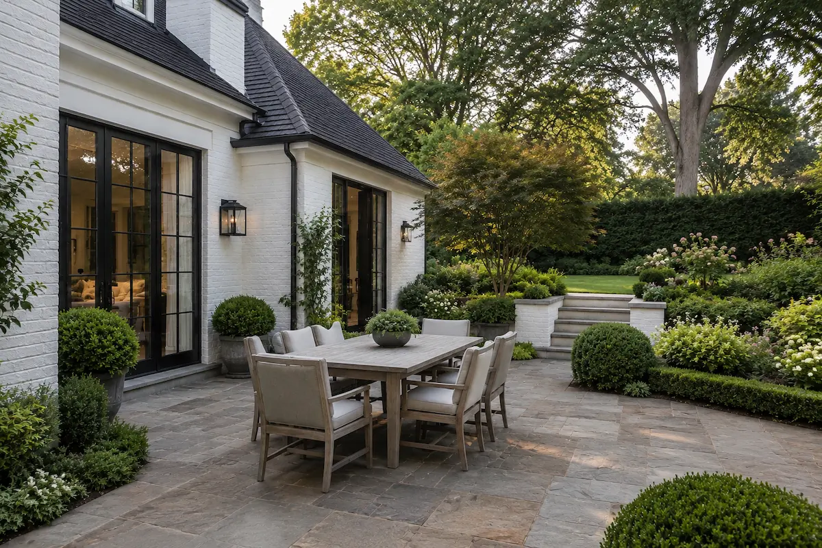 The rear elevation and terrace of a Cherokee County home
