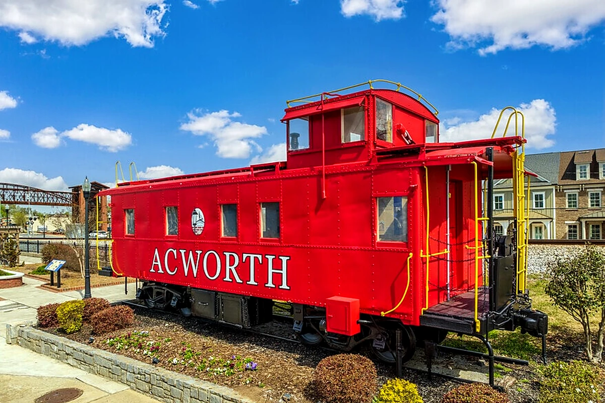 The red caboose at the historic railway depot in Acworth, Georgia