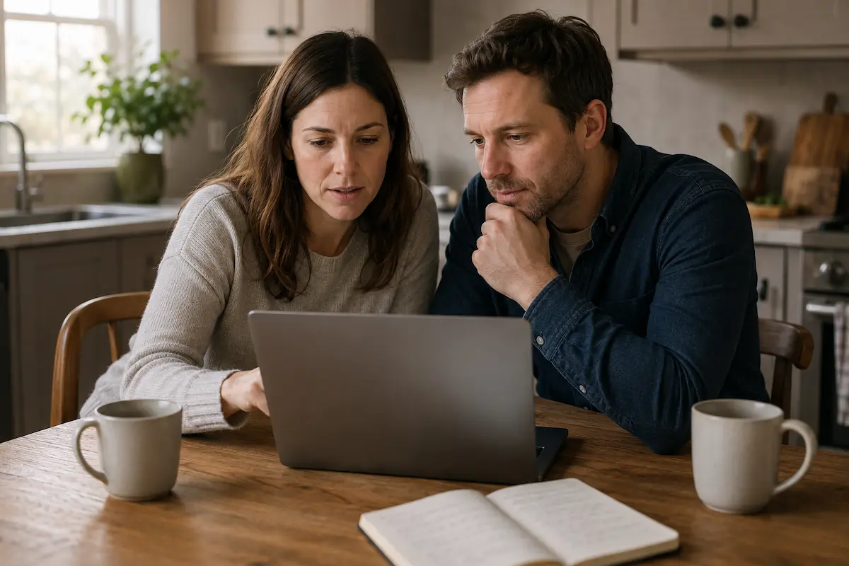 Couple in their thirties reviewing figures on a laptop and notepad at a kitchen table in morning light