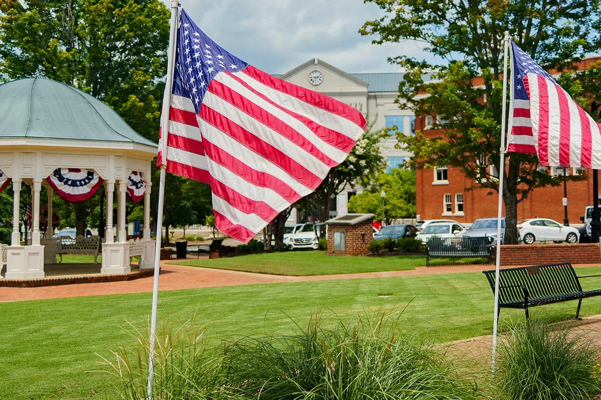 The gazebo and flags at Cannon Park in downtown Canton, Georgia