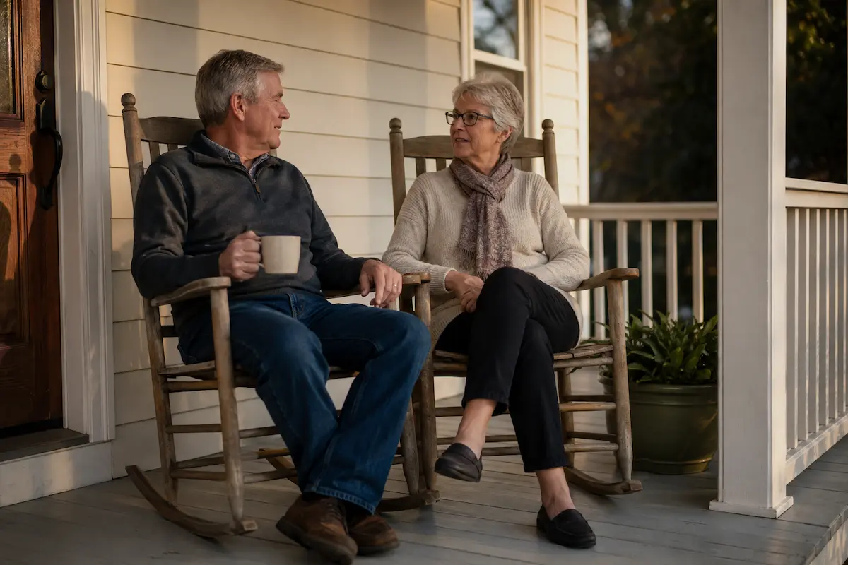 Older couple relaxing on the front porch of a suburban home in late afternoon light