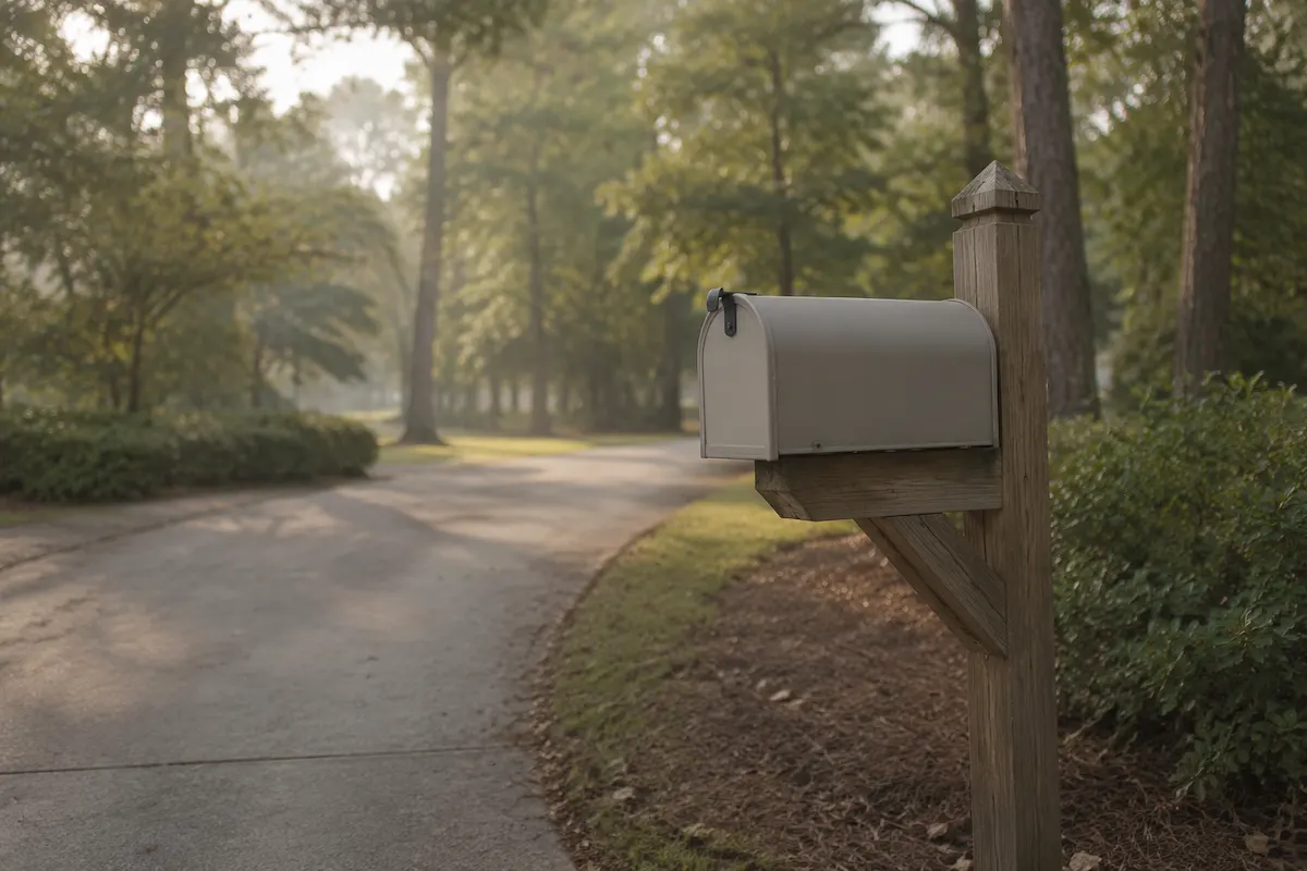 A mailbox at the end of a suburban driveway in Cherokee County, Georgia