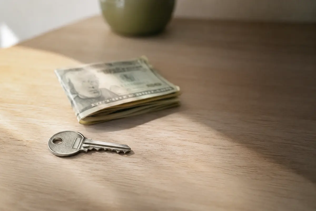 Folded US bills and a house key on a wood surface, representing a down payment on a Georgia home