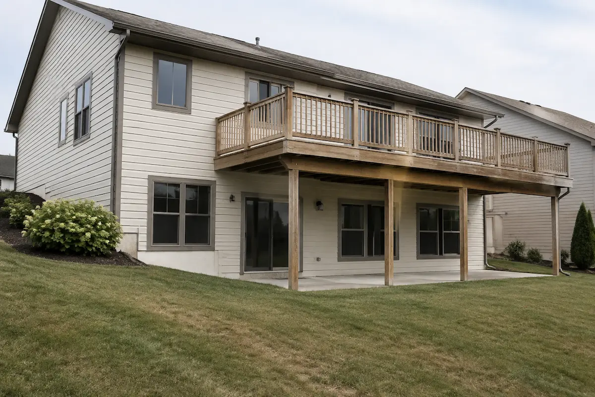 Rear exterior of a sloped-lot suburban home showing a daylight walkout basement level below the main floor