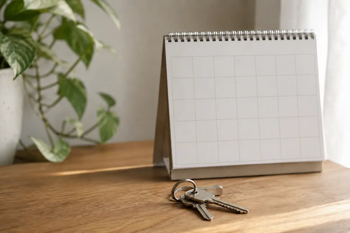 House keys and a calendar on a wood table in morning light