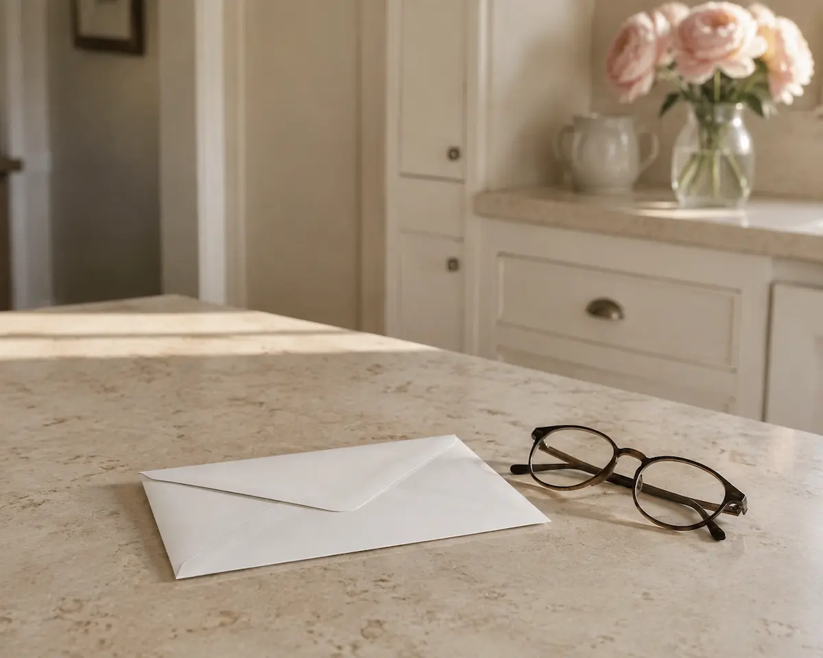 An unopened envelope and reading glasses on a kitchen counter in morning light