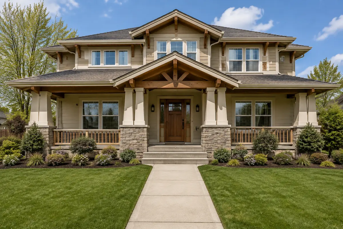 Front exterior of a suburban home in flat midday light, viewed straight on from the walkway
