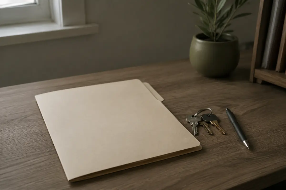 Closed loan file folder and house keys on a wood desk, representing a mortgage in final underwriting review