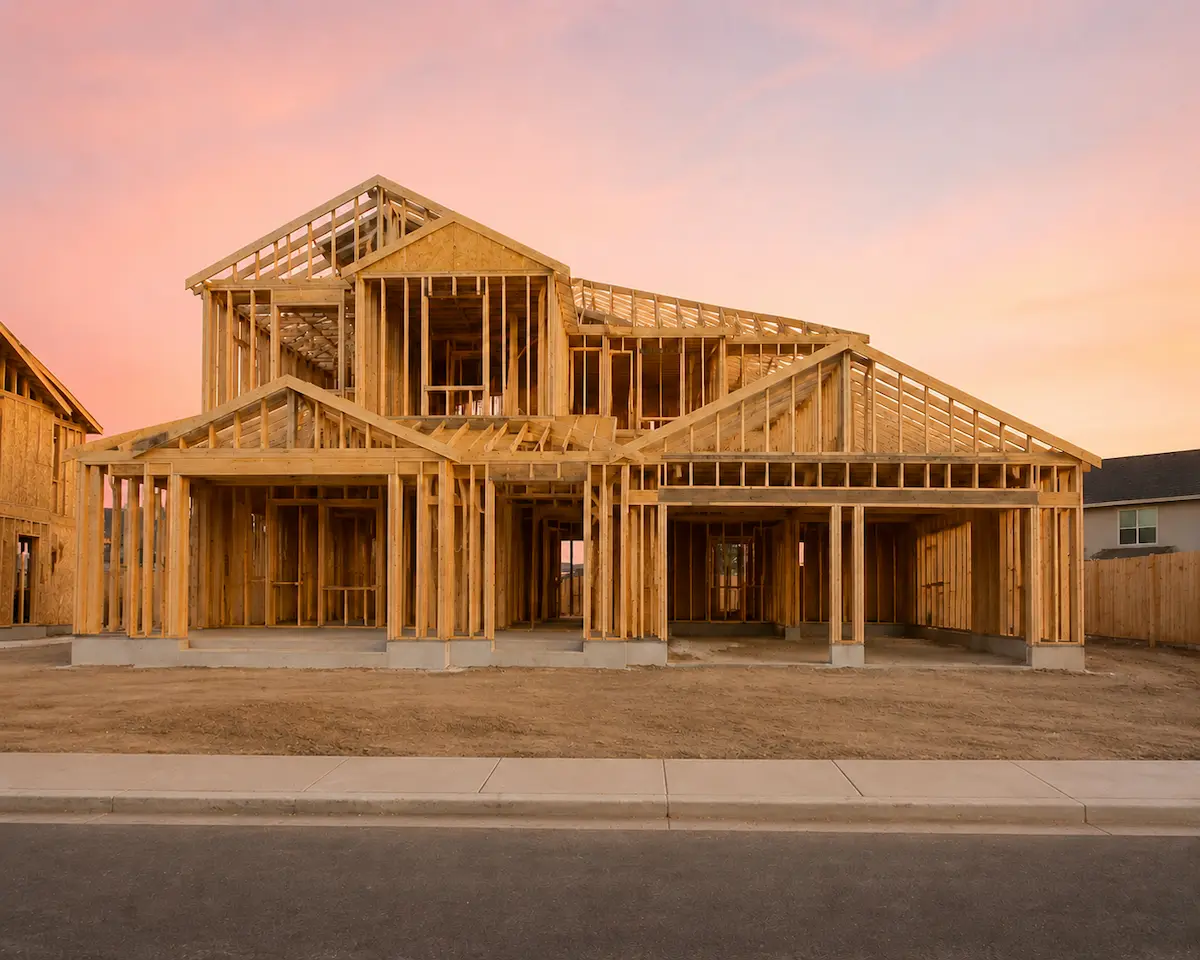 A newly framed suburban home at golden hour seen from the street