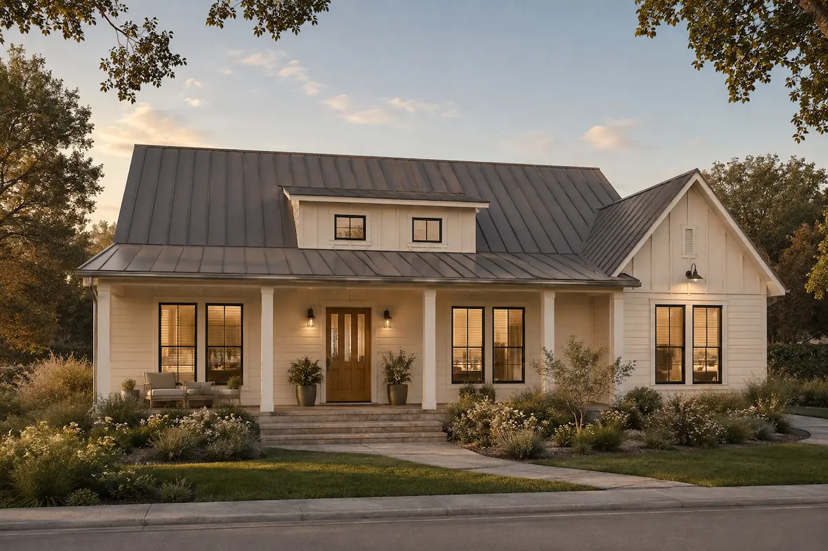 A white farmhouse with a covered front porch at dusk in Georgia