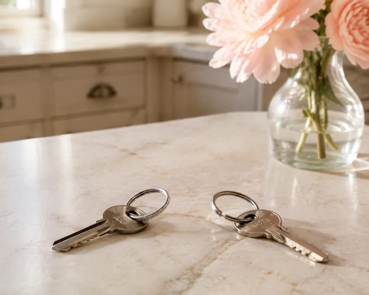 Two sets of house keys side by side on a kitchen counter in morning light