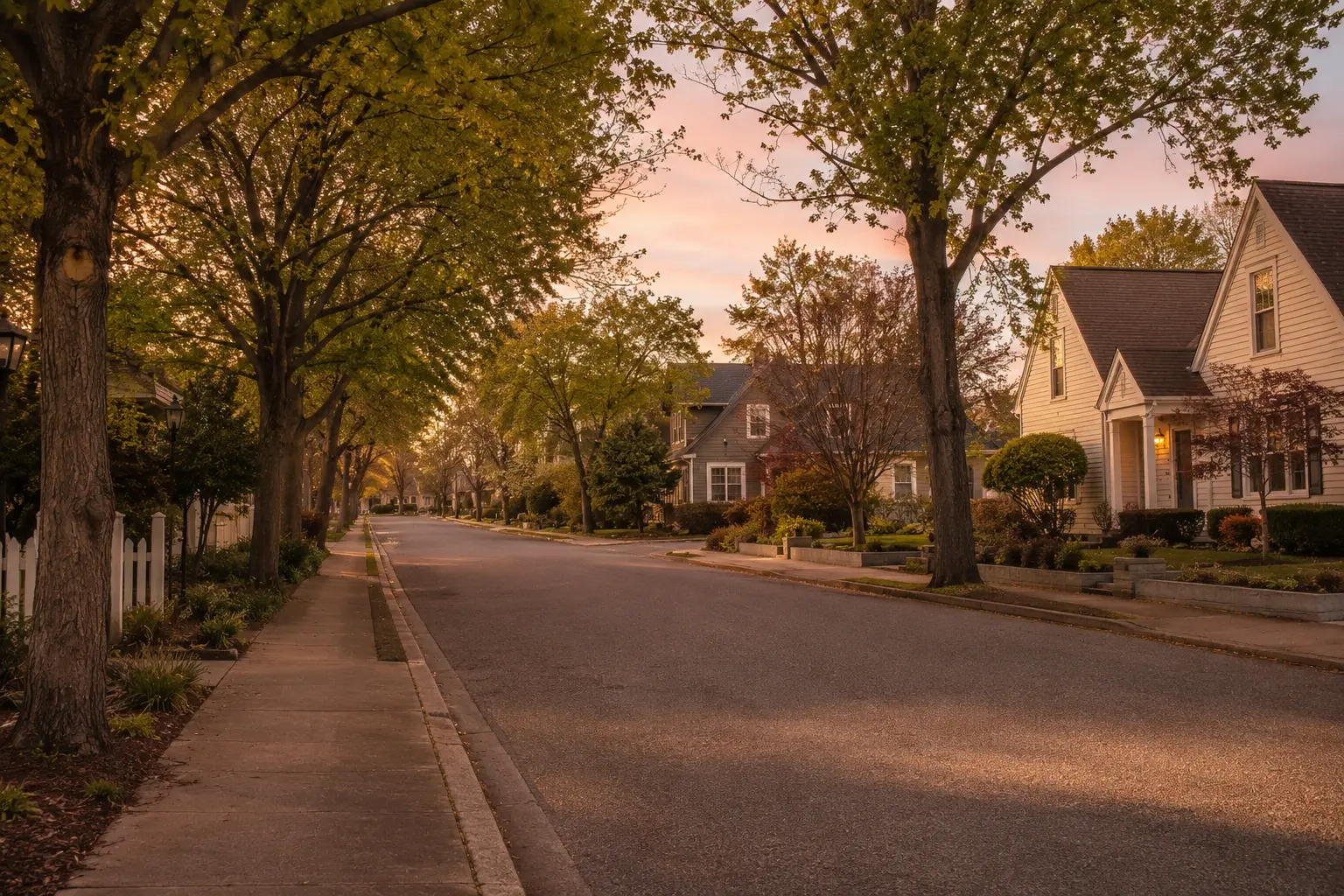 A quiet established residential street at golden hour with mature trees