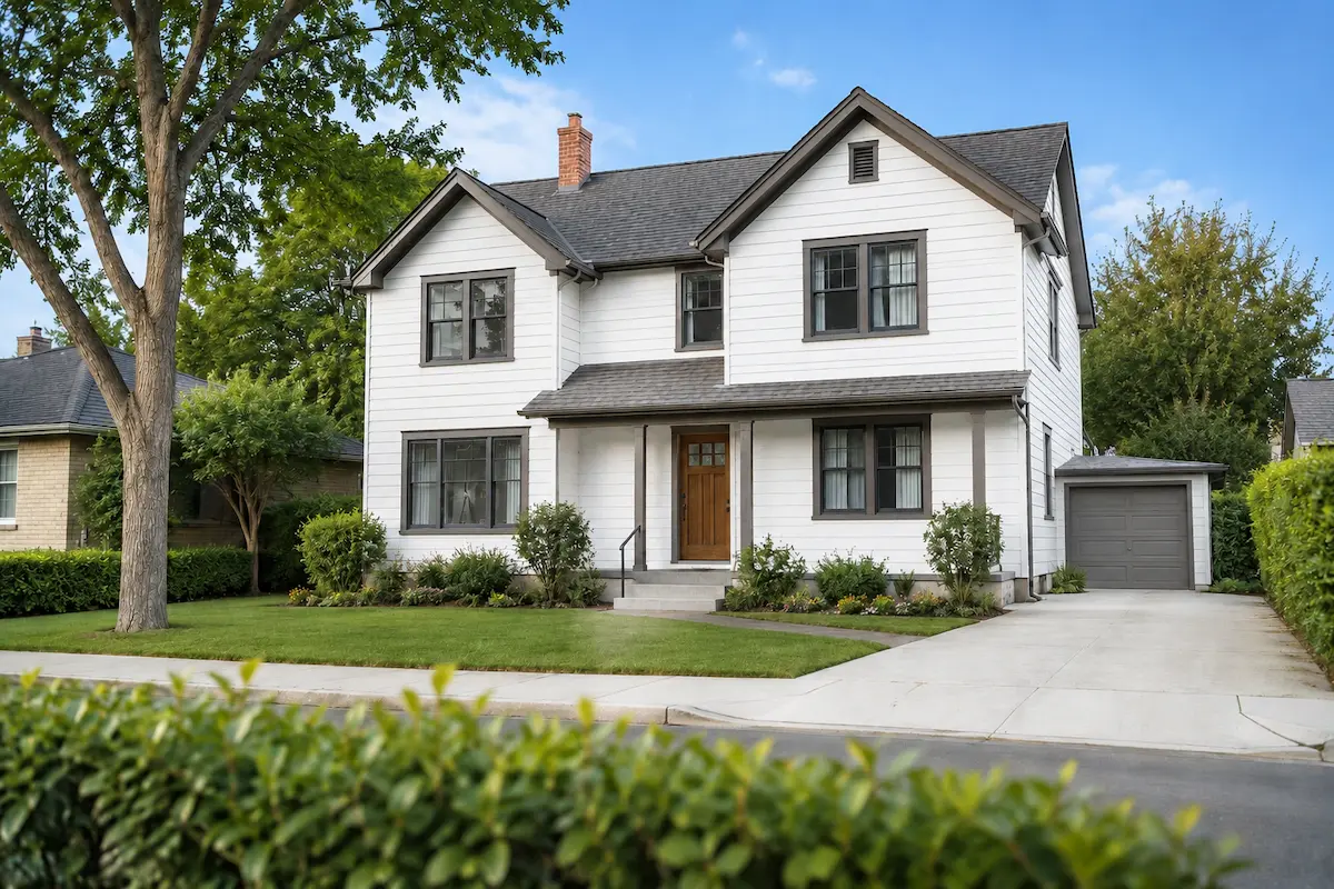 Two-story suburban home at dusk with warm interior light, representing a Georgia home purchase under a written buyer agreement
