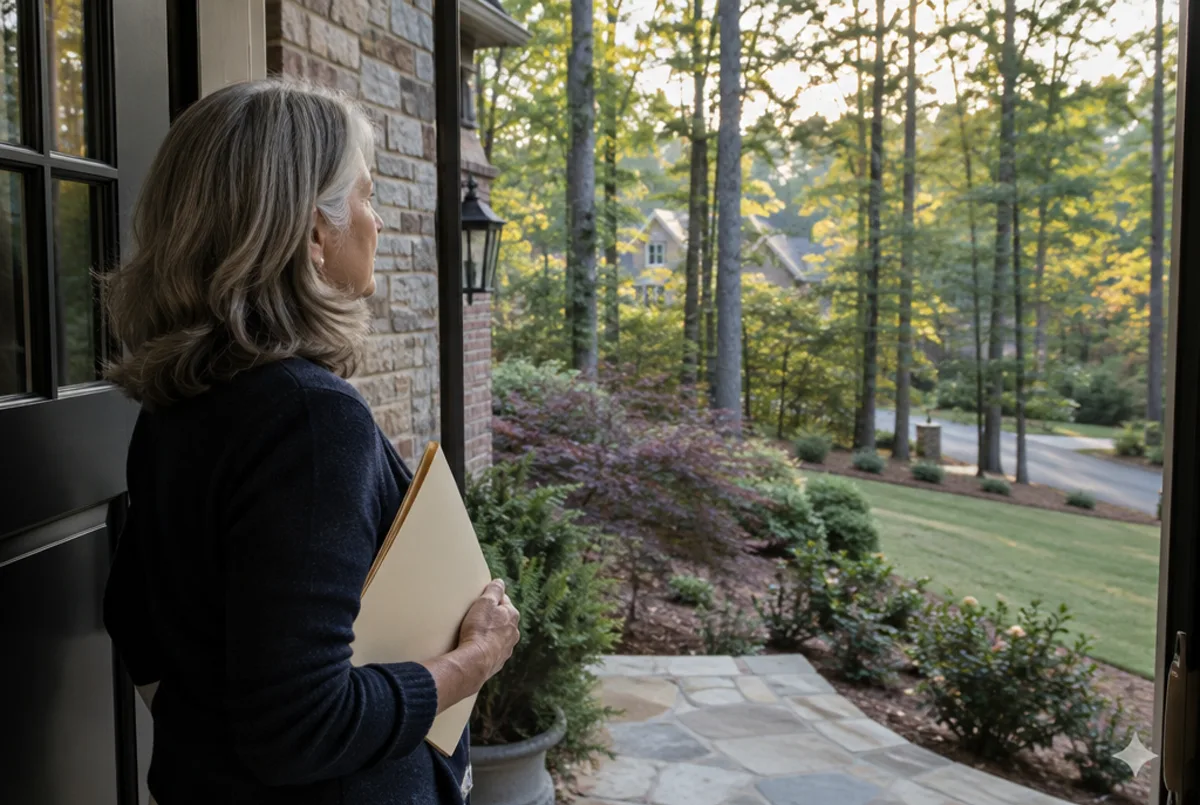 Woman in her sixties at the front door of a brick house in a wooded East Canton neighborhood, holding a folder