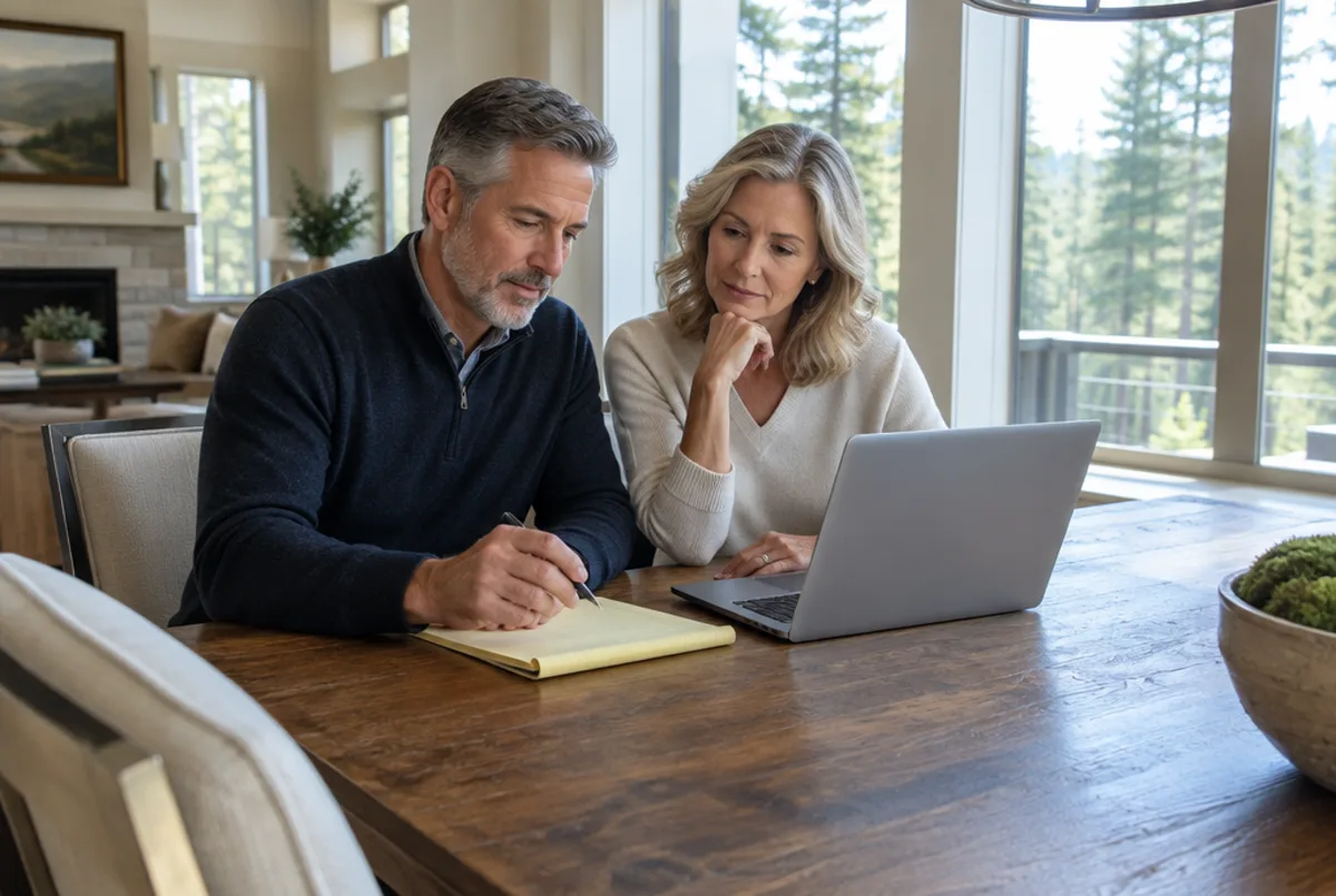 Couple in their late fifties reviewing market notes and a laptop at the dining table of an upscale home