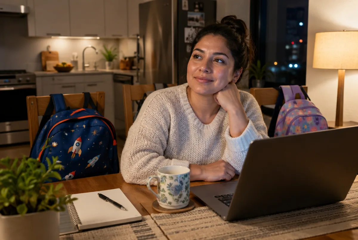 Madre hispana en la cocina de noche con su laptop, pensando en comprar casa