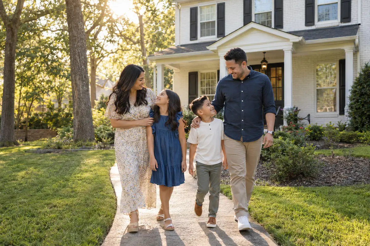Una familia frente a su casa en los suburbios del norte de Georgia