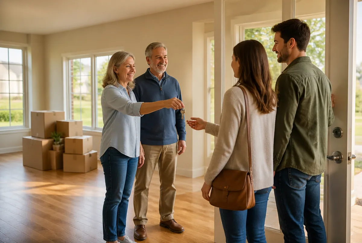A couple in their sixties handing house keys to the new owners in an empty living room on moving day
