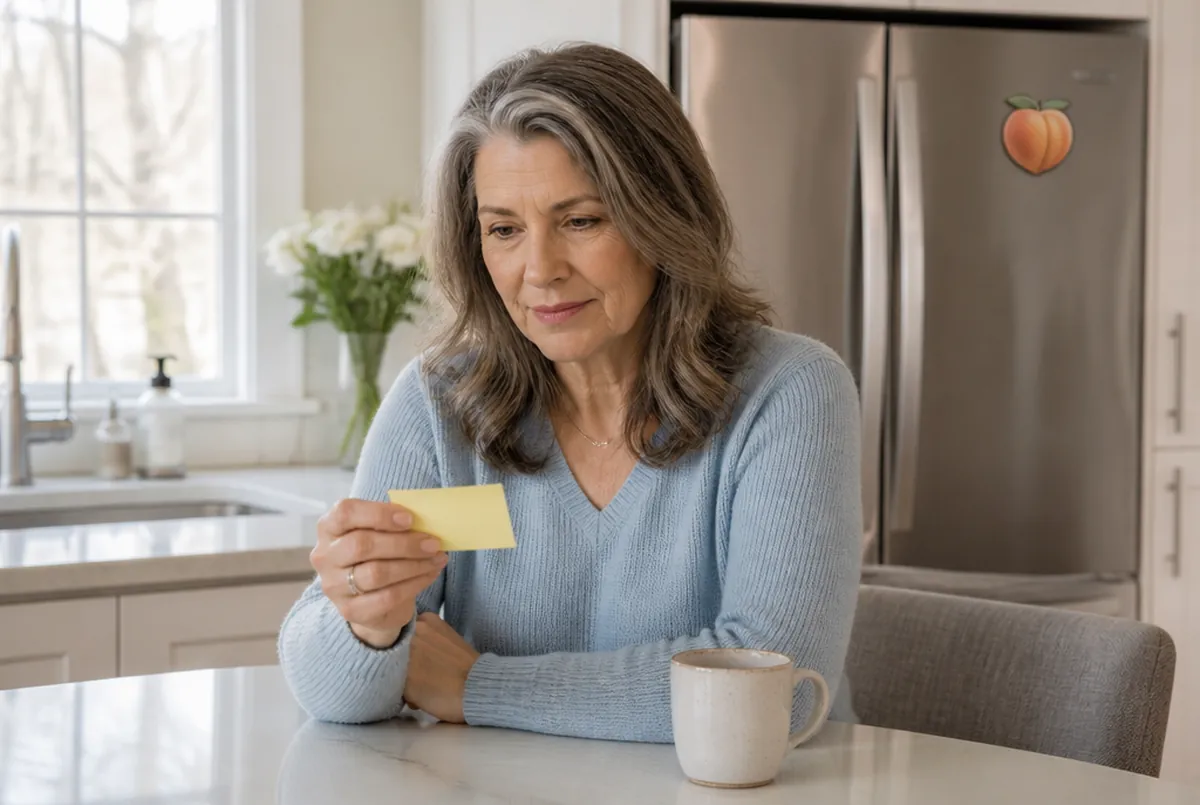 A woman in her late fifties at her kitchen island reading a yellow sticky note, a peach magnet on the refrigerator behind her