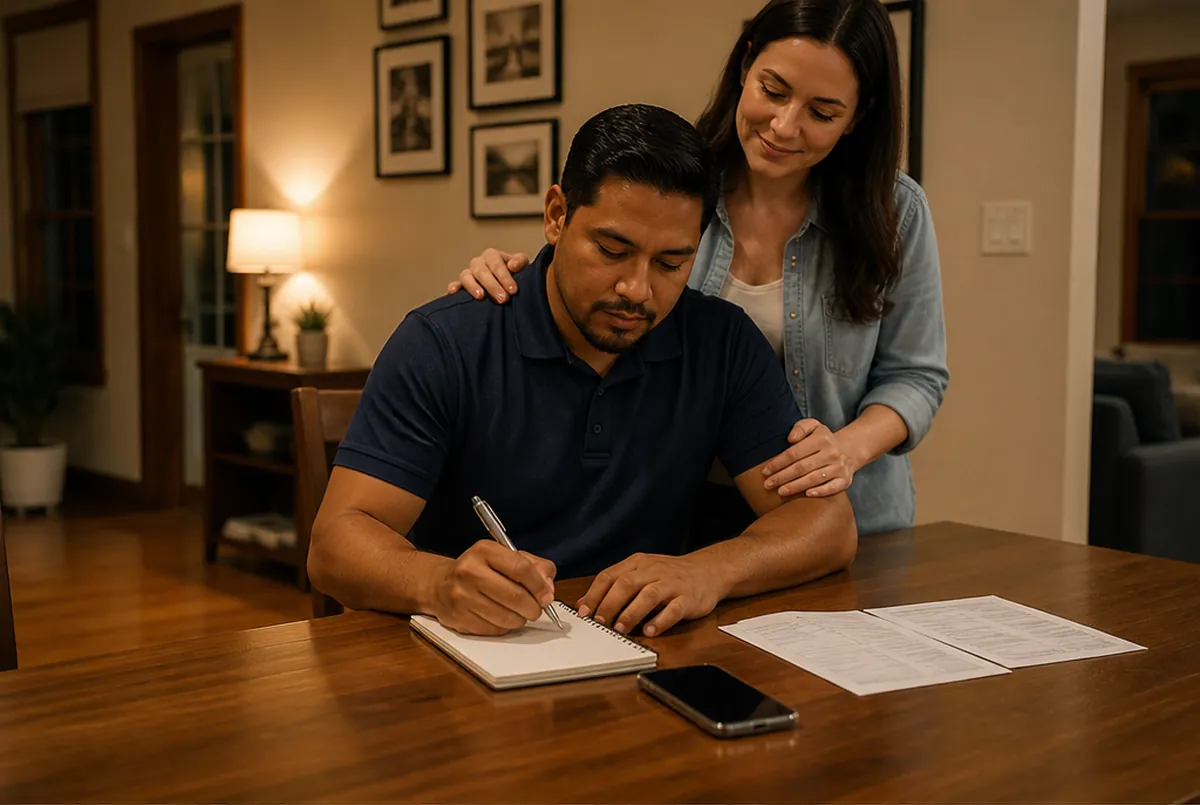 Un hombre escribiendo su historial de trabajo en la mesa del comedor con su esposa a su lado