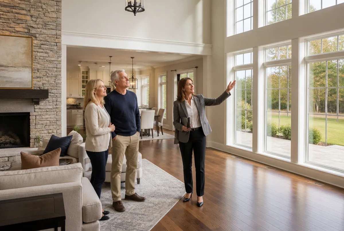 A couple being shown through the living room of a large upscale home