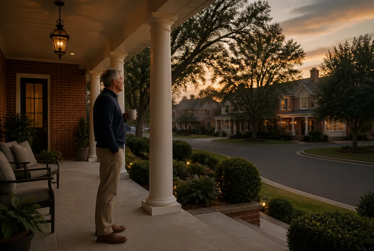 A man in his sixties on the front porch of a large brick home at dusk, coffee mug in hand, looking down the cul-de-sac