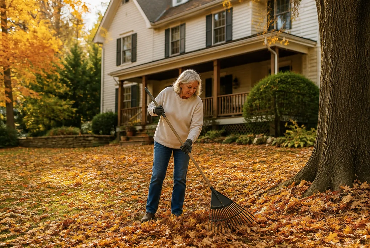 A woman raking autumn leaves in the front yard of a two-story suburban house
