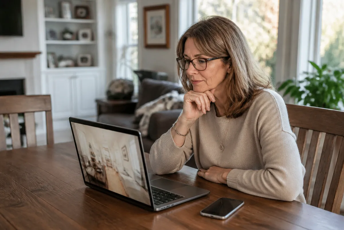 A woman at her dining table watching a home walkthrough video on a laptop, her phone beside it