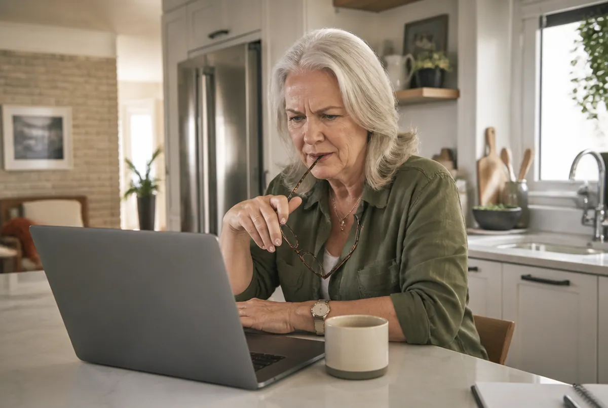 A woman at her kitchen island looking skeptically at a home estimate on a laptop