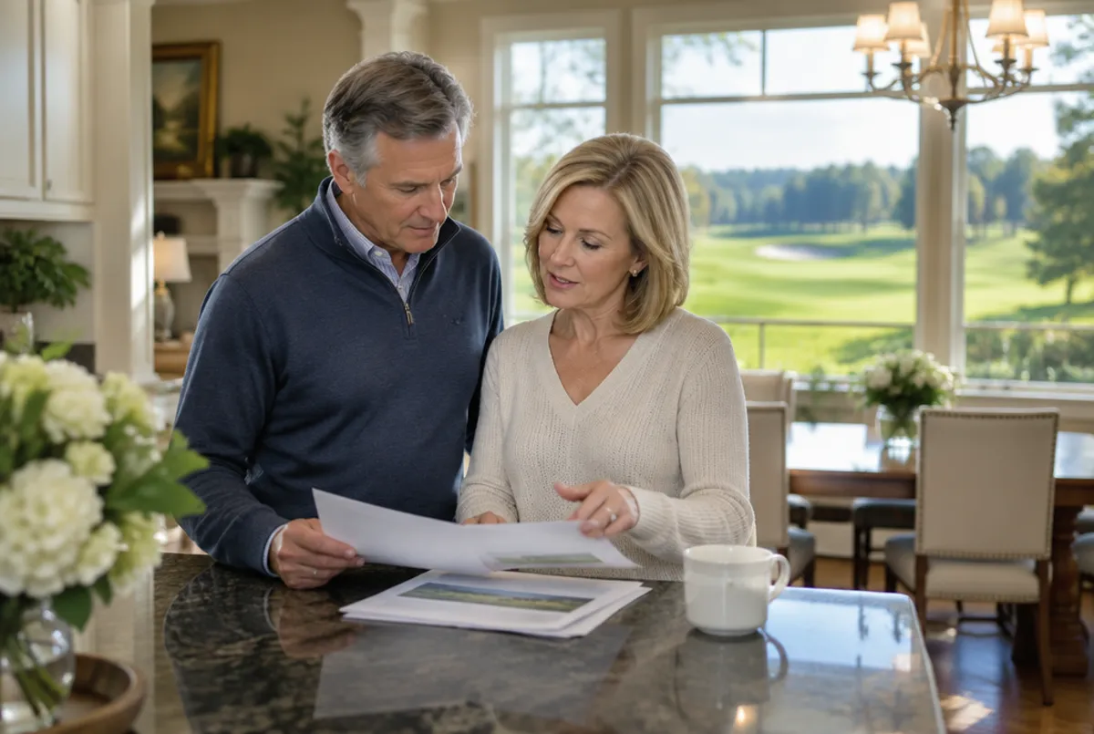 Couple reviewing comparable sales at a kitchen island with a golf course view