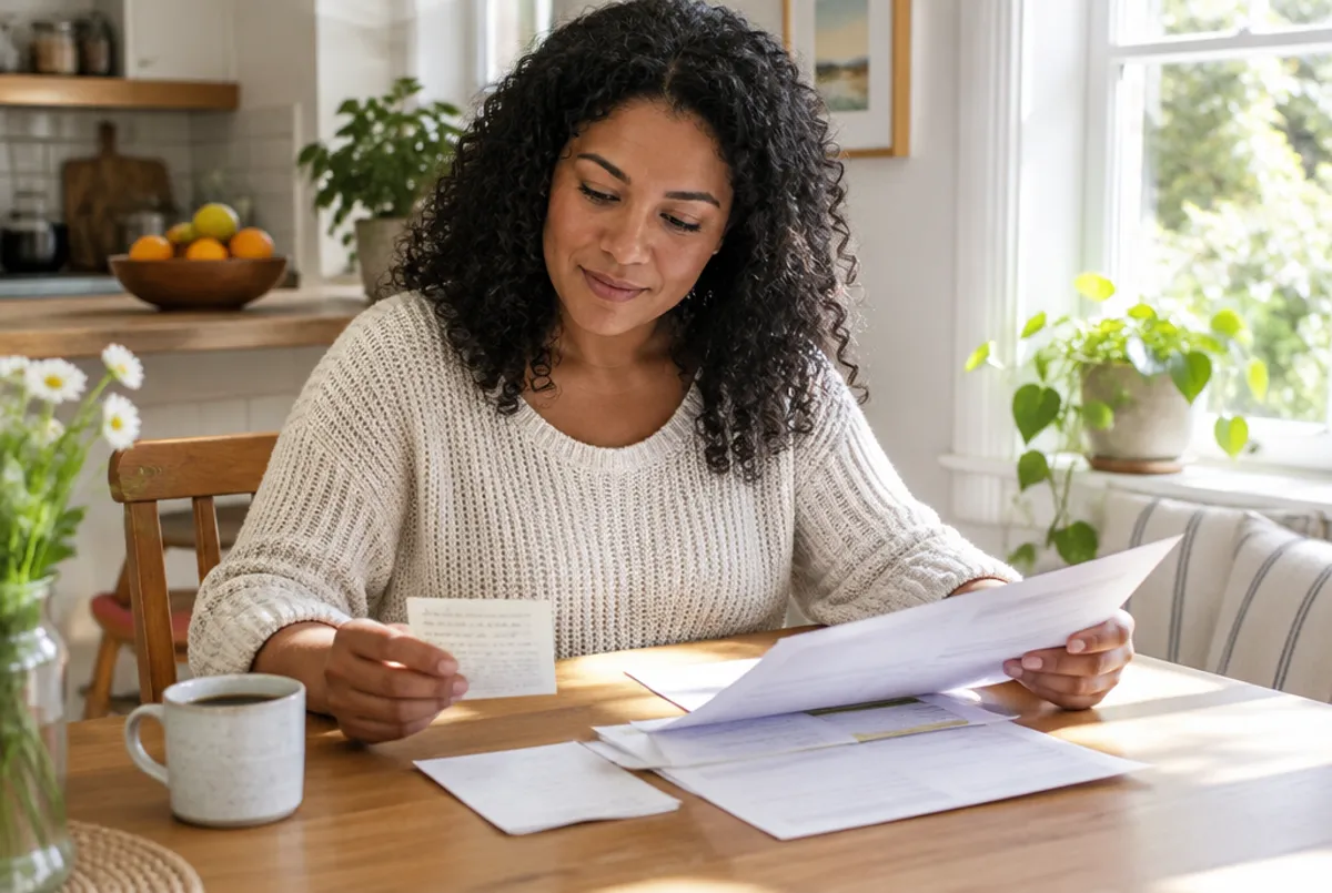 Mujer revisando una lista y sus estados de cuenta con un café en la mesa