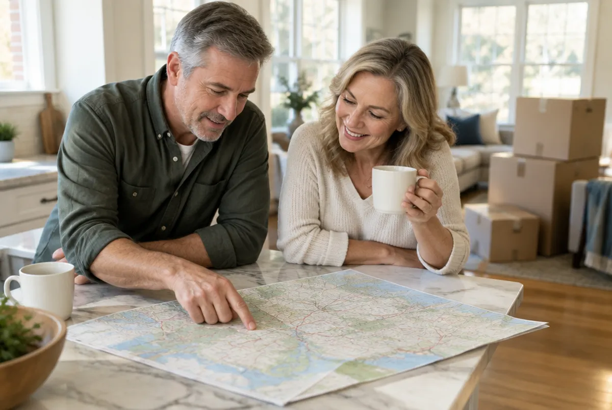 Couple planning their next move over a paper map at the kitchen island