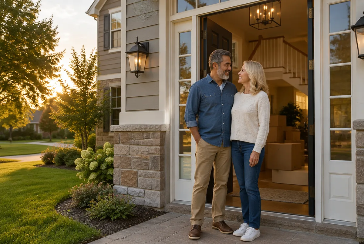 A couple stands in the doorway of their home with packed moving boxes stacked neatly behind them