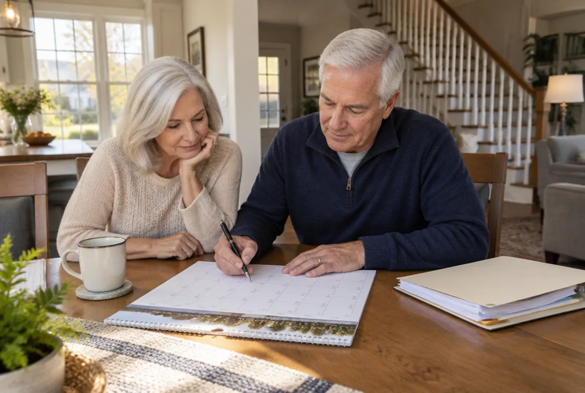 Couple in their sixties marking dates on a calendar at their kitchen table