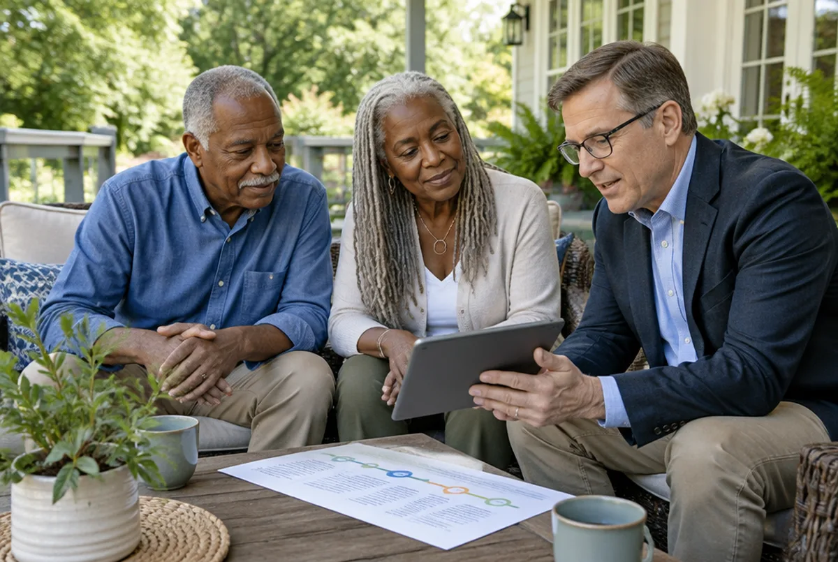 An older couple reviews a financing timeline on a tablet with an advisor on their back porch