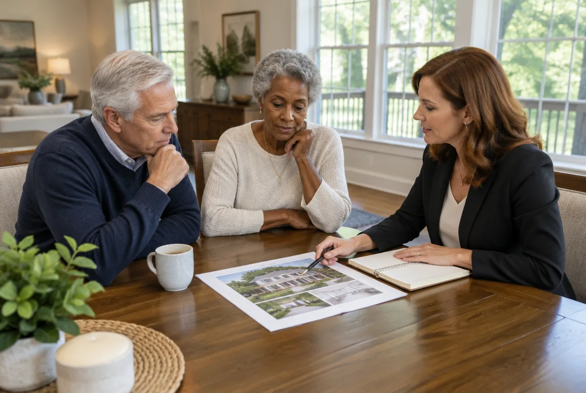 An older couple reviews a listing plan at their dining table with a real estate advisor before putting their house on the market